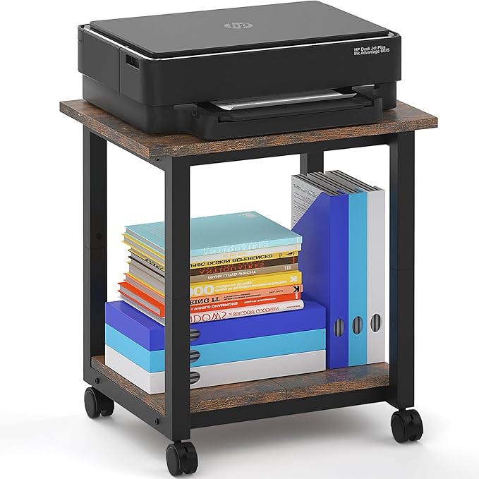 Under Desk Printer Stand, 2-Tier 19.5''x 16''x 22'' Rolling Printer Stand Storage Shelves for Printer, Scanner, Fax Machine, Files, Books with Anti-Skid Feet for Home, Office, Brown