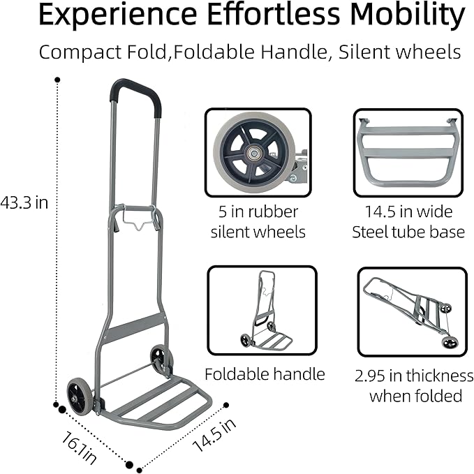 Folding Hand Truck with Silent Wheels, 165lbs Luggage Dolly Foldable Dolly Cart Lightweight Portable Folding Dolly Hand Cart Heavy Duty Utility Cart for Home Office Travel Use (Gray 2 Rubber Wheels)