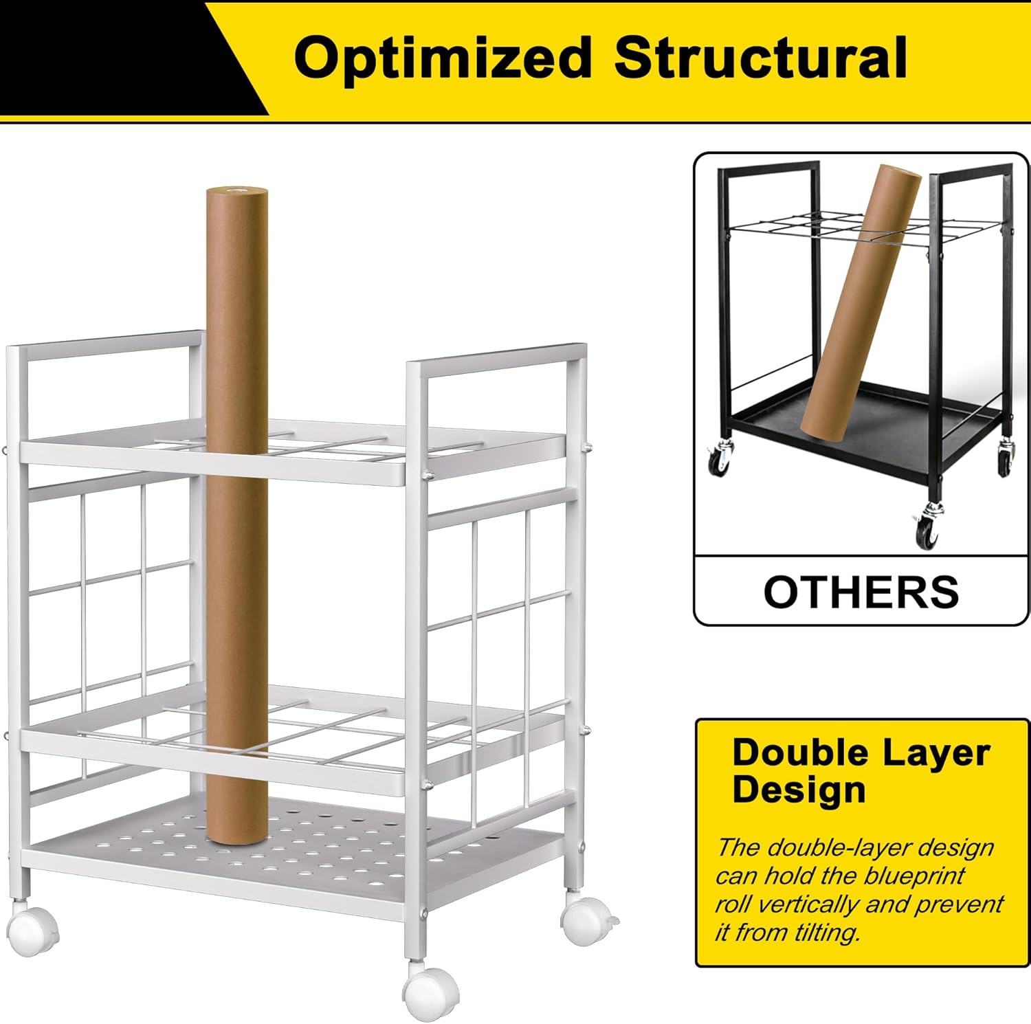 GIOTORENT Blueprint Storage Rack, Holder with Wheels, Map/Poster/Architectural Plan Storage, 12 Slots, 2 Brakes, Silent Wheels for Home, Office, School (White)
