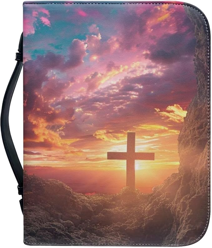 Lotusorchid Bible Book Cover for Women, Cross Print Bible Cover Case Sturdy Zippered Bible Carrying Case with Handle Pocket Portable Bible Bag for Bible Study, Pink, 2XL