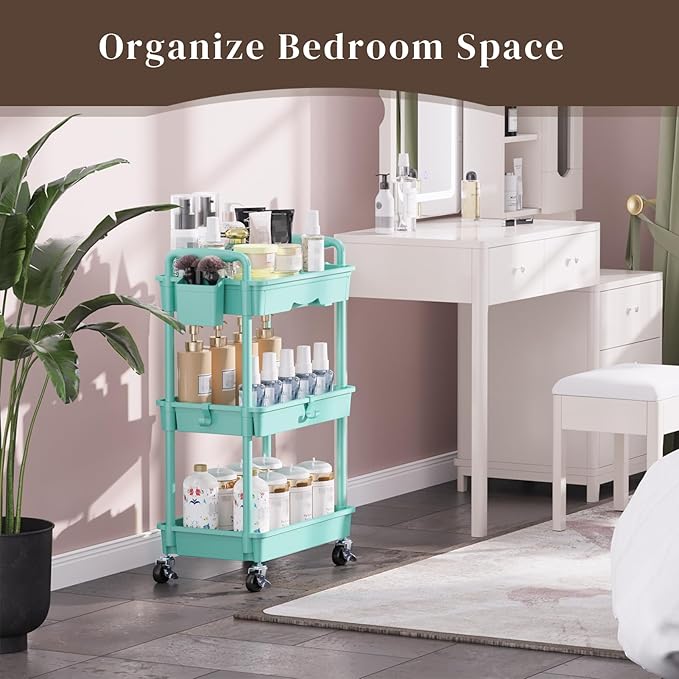 Rolling Utility Cart with Drawer 3 Tier, Utility Storage Organizer with Plastic Shelf & Lockable Wheels Multifunctional Storage Cart for Kitchen, Bathroom, Office, Living Room, Blue