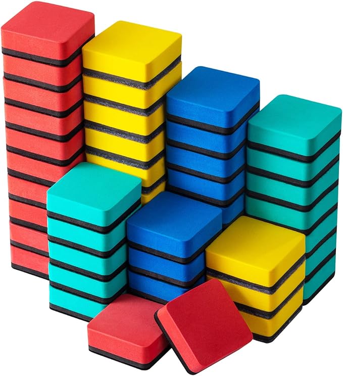 Favourde 48 Pack Magnetic Whiteboard Dry Erase Erasers Chalkboard Cleansers for Classroom, Home and Office (4-Color, 1.97 x 1.97 Inch)