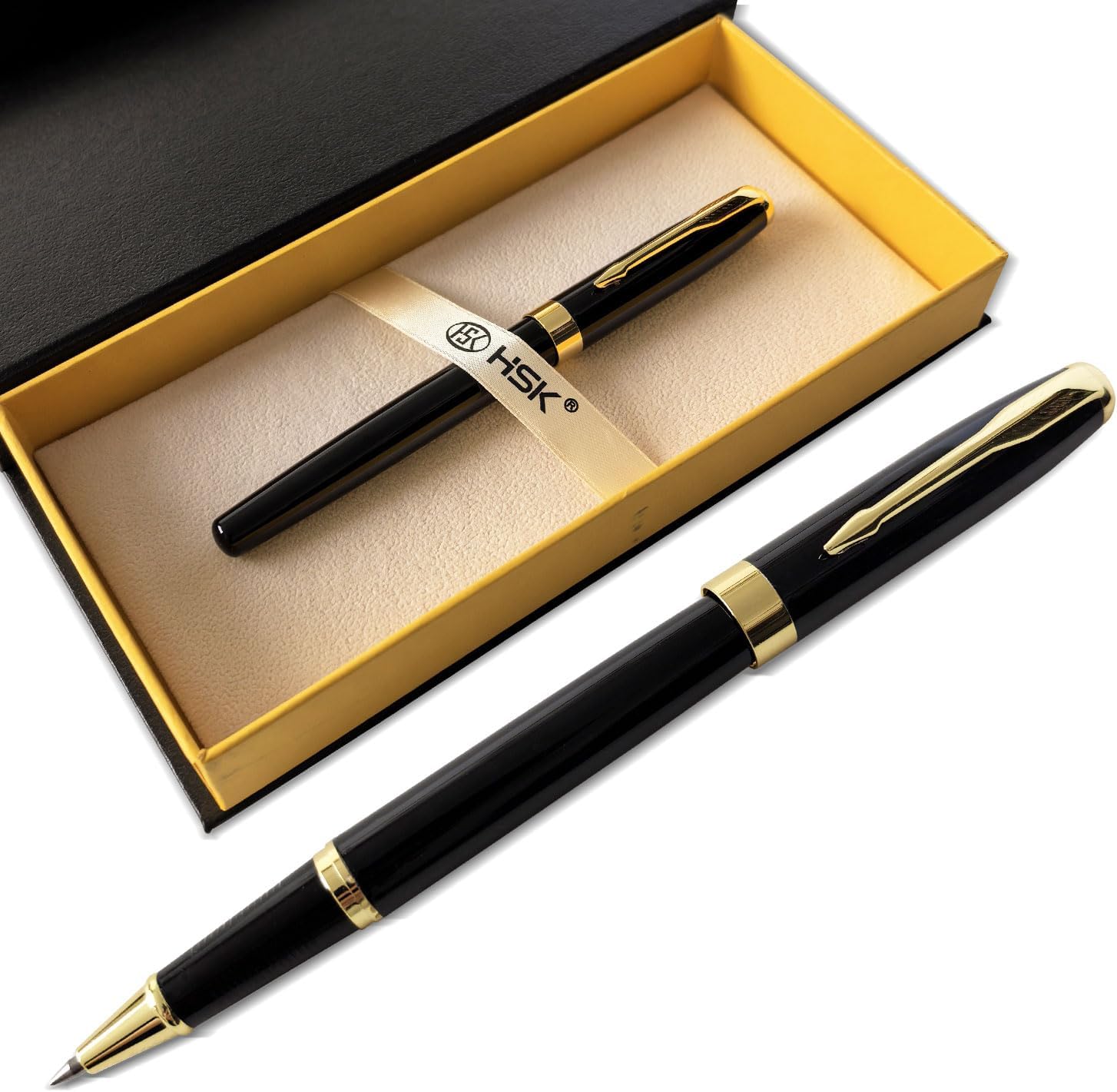 HSK Ballpoint Pens Executive Fountain Pen with Gold Trim, Gift Box Set, Available in Black, Red, Navy Blue,Black Refill Line width 0.5mm (Black)
