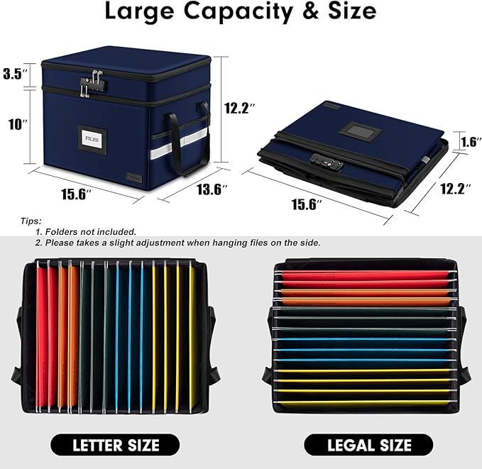 ETRONIK Fireproof Document Box with Lock, 2-Layer File Box Storage Organizer with 5 Tabs& Insert, Portable File Cabinet Storage Box with Handle for Hanging Letter/Legal Size Folder/Certificate, Blue
