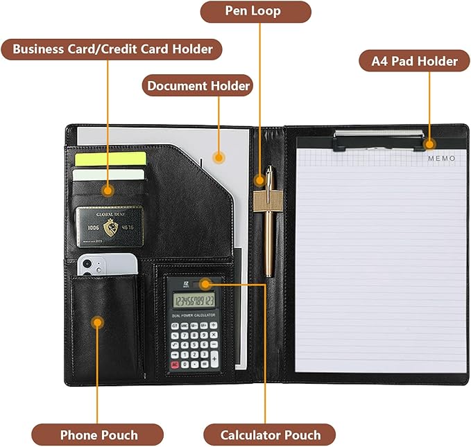 Personalized Padfolio - Customized Leather Portfolio with Logo or Text - Professional Business Portfolio with A4/US Letter Writing Pad Holder for Resumes and Interviews, Brown
