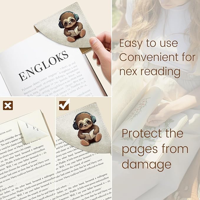 Cute Sloth Owls Panda Corner Bookmarks, Funny Leather Book Accessories for Book Lovers, 3 Pcs Reading Book Page Markers for Women Men Student Teacher Girls Boys Kids Retirement Birthday Gifts