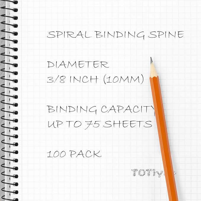 TOTiyea 100 Pack Plastic Spiral Binding Coils,10mm(3/8") Binding Spirals,75 Sheet Capacity,4:1 Pitch, Black