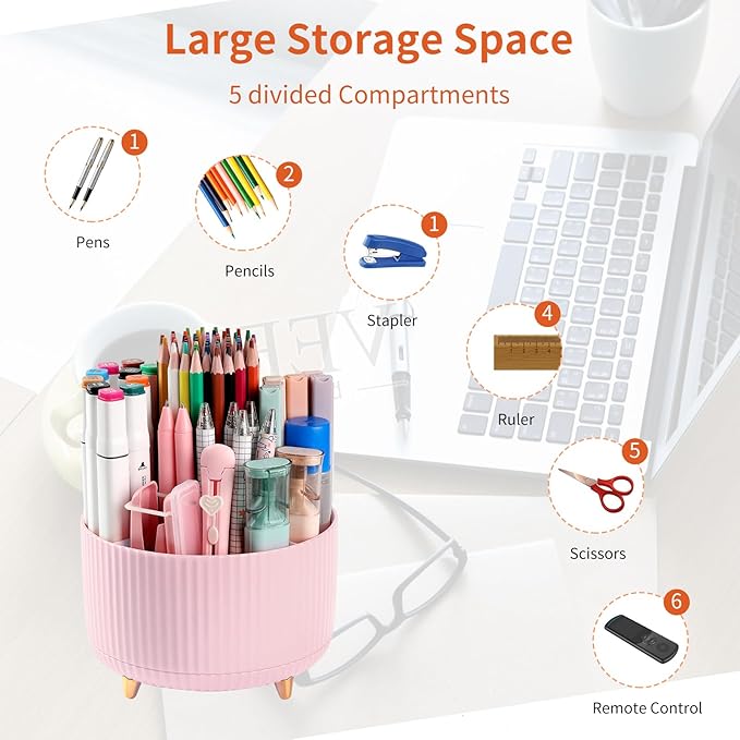 Desk Pencil Pen Holder, 5 Slots 360°Degree Rotating Organizers for Desk, Desktop Storage Stationery Supplies Organizer, Cute Cup Pot Office, School, Home, Art Supply, Pink