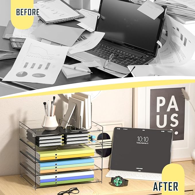 KKU File Paper Organizer, 5 Tier Clear Acrylic Desk Organizer Letter Tray Desk Tray, Desk File Organizer Paper Tray File Holder for Organizing Office Desk Organizers and Accessories