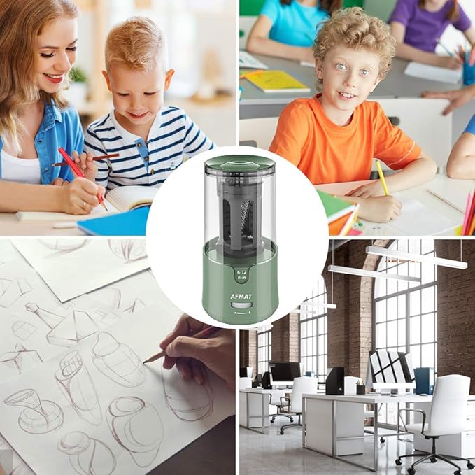 AFMAT Electric Pencil Sharpener, Auto Stop, Super Sharp & Fast, Electric Pencil Sharpener Plug in for 6-12mm No.2/Colored Pencils/Office/Home-Green