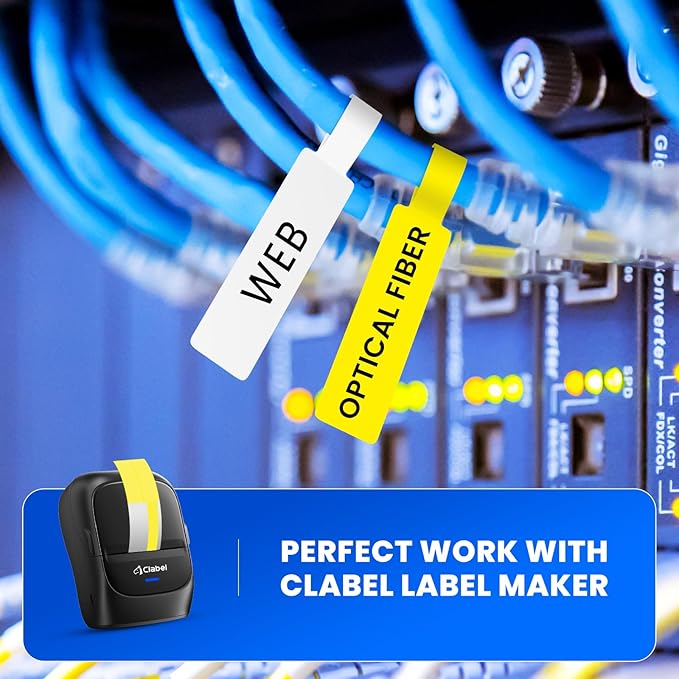 Clabel Printable Cable Labels 6 Rolls of Thermal Self-Adhesive Paper Labels Tape, 25x78mm (1"x3") 100 Sheets Per Roll, Black Print on Yellow Sticker Tags Durable for Cables Management