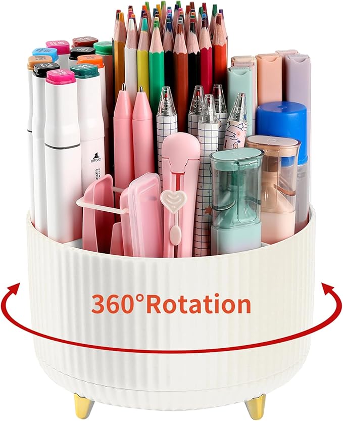 Desk Pencil Pen Holder, 5 Slots 360°Degree Rotating Pencil Pen Organizers for Desk, Desktop Storage Stationery Supplies Organizer, Cute Pencil Cup Pot for Office, School, Home, Art Supply, Beige