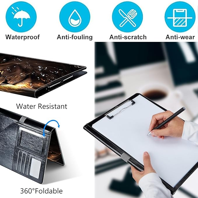 PU Leather Padfolio Folder Clipboard Portfolios Organizer Conference Document Organizer with Business Card Holder Storage Clipboard Writing Pad,Lion with Lightning