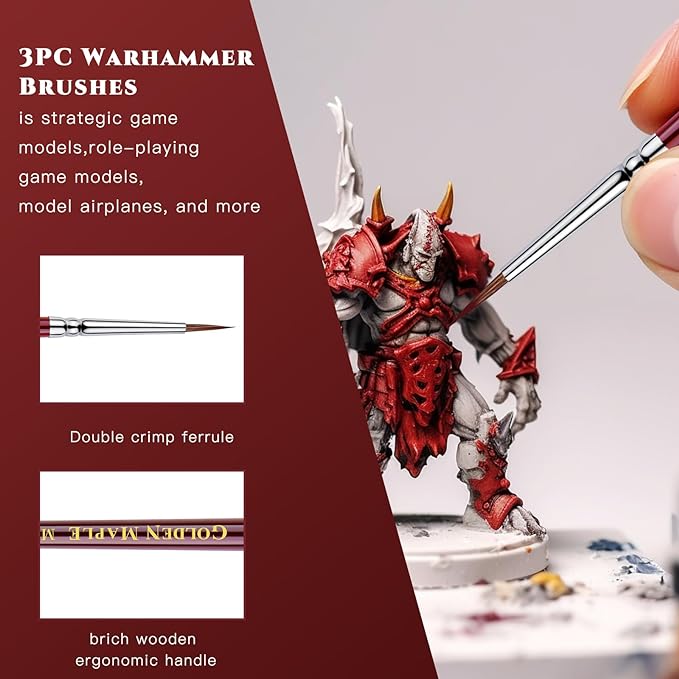 Golden Maple Kolinsky Sable Miniature Paint Brushes - Professional Ultra Fine Micro Detail Brushes for Model Painting, Warhammer 40k, D&D Figurines - Size 3/0 4/0 5/0