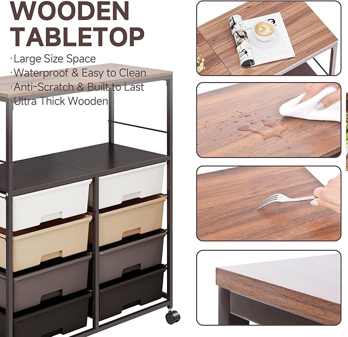 8 Drawers Rolling Storage Cart with Wooden Top, Multipurpose Utility Cart with Opening Shelf & Lockable Wheels, Storage Drawer Cart Organizer for Home Office Craft Room Classroom, Brown