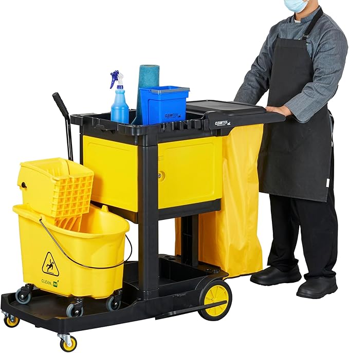 Restaurantware-Clean Tek Professional 3-Shelf Janitor Cart with Wheels, 1 Cleaning Trolley with Cover and 21 Gallon Bag - Includes 1 Single Locking Cabinet, Heavy-Duty, Gray Plastic Janitorial Cart