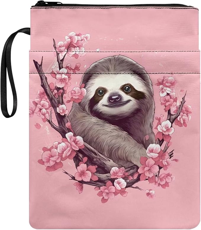 COEQINE Sloth Book Sleeve for Women Pink Cherry Blossom Book Covers for Hardcover Paperbacks Front Pocket Zipper Book Cover Case