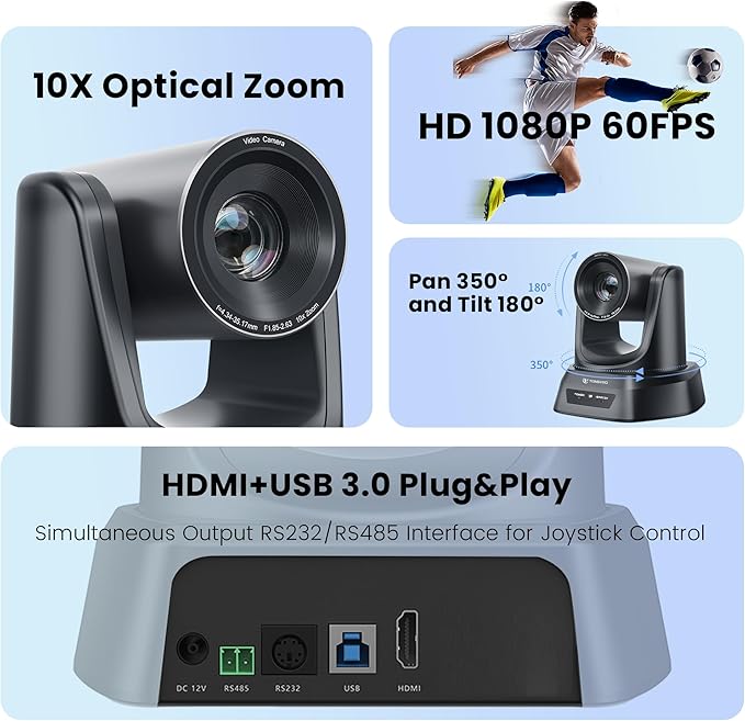HDMI/USB PTZ Camera 10X Optical Zoom 60fps 1080P Video Conference Camera for Church Worship Live Streaming Meeting Online Learn with Zoom Skype OBS and More