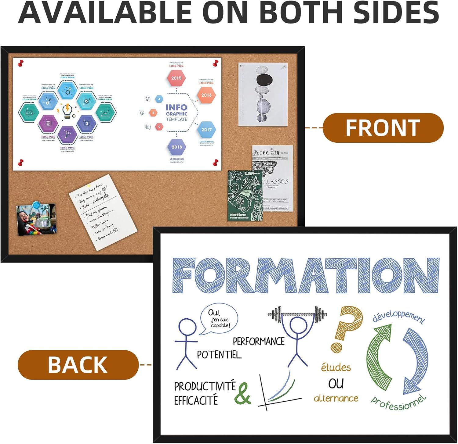 20” x 28” Cork Boards for Walls with Black Wooden Frame 1pack, Whiteboard and Cork Board Combo Double Sided Office Board for Wall Organizer, Bulletins Board Hanging Pin Board for School Home Office