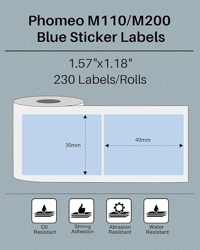 Phomemo Sticker Label M110/M221/M220/M120/M200/M110S Thermal Label- Black on Blue 1.57"x1.18"(40x30mm) for Small Business, Home, Office, 230 Labels/Roll