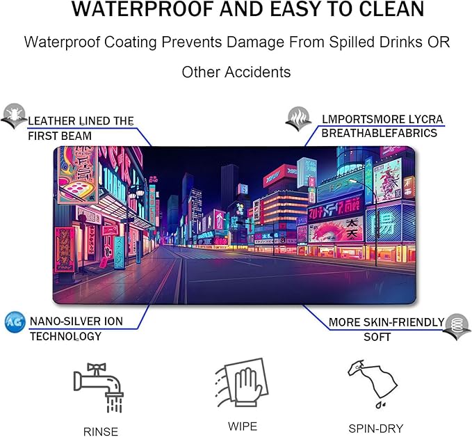 Japanese City Big Desk Mat Large Office Desk Pad, Durable Extended Mouse Mat, 31.5"x15.7" Computer Mousepad with Non-Slip Rubber Base & Stitched Edge for Home Office Gaming Work