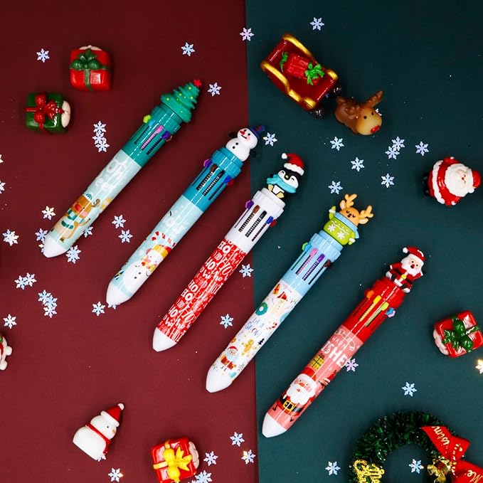 Cute Cartoon Christmas Multicolor Ballpoint Pen 0.7 mm, 10-in-1 Colored Pens Fine Point Retractable Ballpoint Pens for Office School Students Kids Birthday Gift, 5 Pack