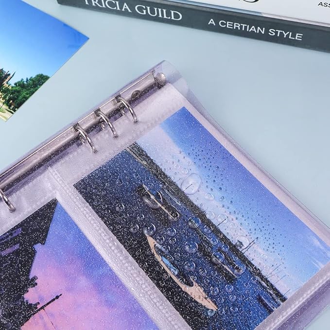 Purple Giltter PVC Kpop Photocard Binder Loose Leaf 6-Ring Wide A5 Photocards Holder with 6 Inch 100 Pockets Photo Pages Transparent Card Sleeve Protectors Page for Photos Cards Album Folder Organizer