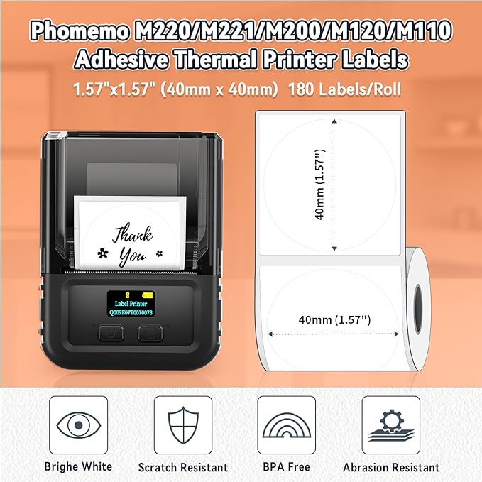 Phomemo Thermal Sticker Label Paper, Multi-Purpose Self-Adhesive Tag for M120/M110/M100/M200/M220/M150/M250 Label Maker Machine, 1.57"x1.57"(40X 40mm), 180 Labels/Roll,Black on White