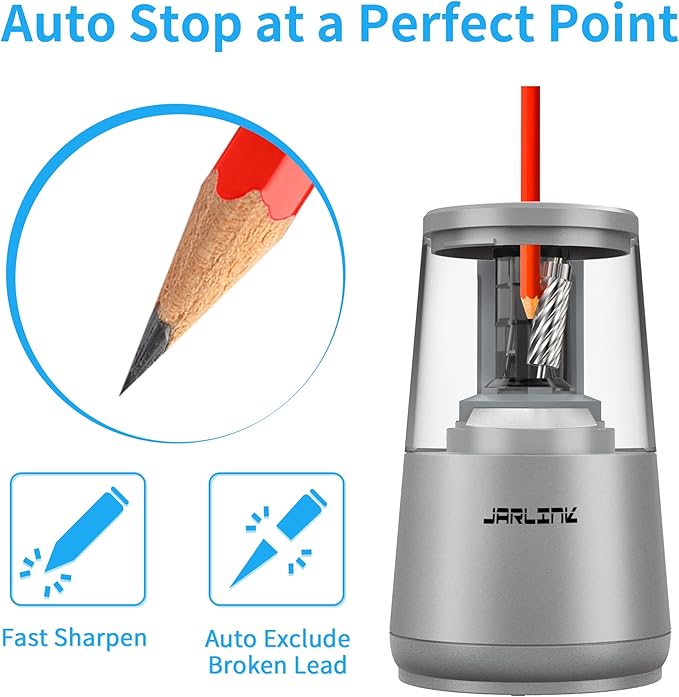 JARLINK Electric Pencil Sharpener, Heavy-Duty Helical Blade to Fast Sharpen, Auto Stop for No.2/Colored Pencils(6-8mm), USB/Battery Operated in School Classroom/Office/Home (Gray)