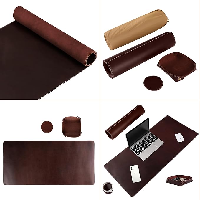Leather Desk Pad (Real) Leather Desk Mat Set (31x15) Large Desk Cover Desk Blotter Desk Protector Computer Mat for Keyboard Gaming Mouse Pad Table Laptop Office Desktop Accessories Kona 2mm ELIZO