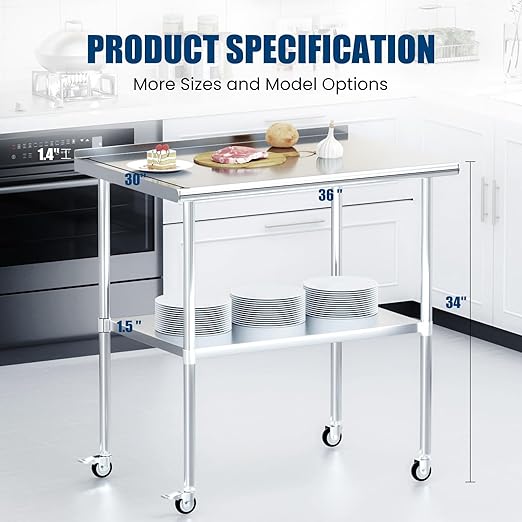Stainless Steel Table with Wheels 30 x 36 Inches Metal Prep Table with Backsplash & Adjustable Undershelf, Stainless Table for Commercial Kitchen, Outdoor, Restaurant, Hotel & Garage