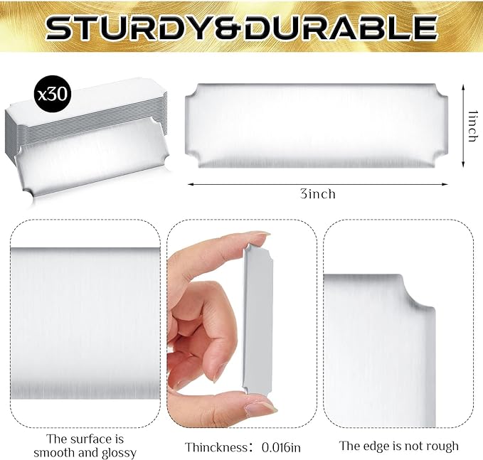 Therwen 30 Pcs Name Plates Laser Engraved Brushed Stainless Steel Plate Personalized Plaque Blank Custom Name Tag Frame Label with Adhesive Backing(Silver Notched Corner,1''x 3'')