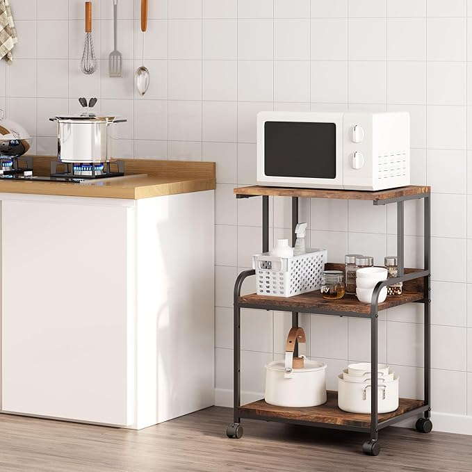 3 Tier Rolling Printer Cart with Wheels, Rustic Brown, Adjustable, Compatible with Printers, Fax Machines, Home Office, Kitchen, Living Room, Bedroom Storage Shelves