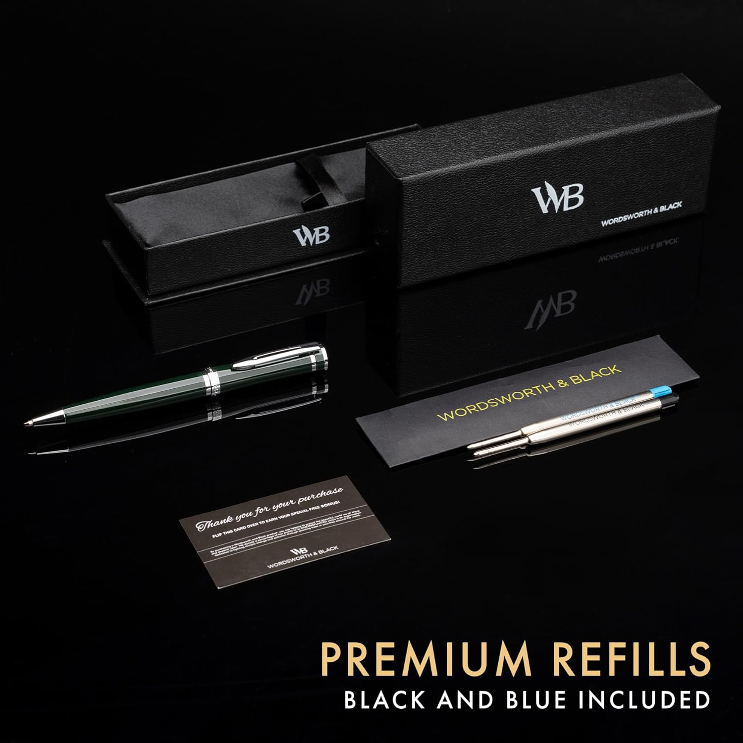 Wordsworth and Black Ballpoint Pen Green Lacquer- Stunning Luxury Pen Chrome Finish, Ink Refill, Best Gift Set for Men & Women, Refillable, Elegant, Nice Pens, Fine Point