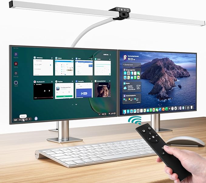 Led Desk Lamp for Office Home, Eye Caring Architect Desk Light with Clamp, Double Head 24W Ultra Bright Table Lamp with Remote Control, 5 Color Modes Flexible Gooseneck Lamp for Reading Study White