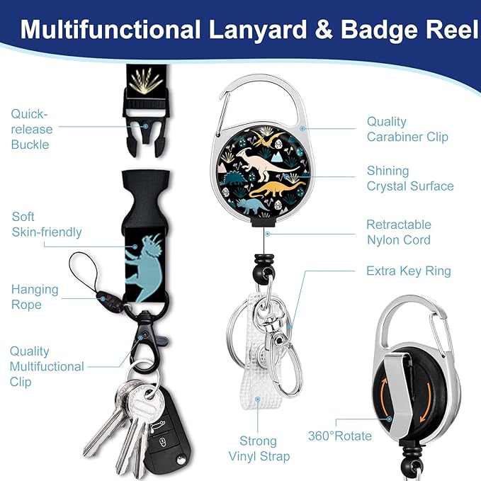 Cute Dinosaur Lanyards for Id Badges, Retractable ID Badge Holder with Detachable Lanyard, Fashionable Badge Reel Heavy Duty with 360 Degrees Rotate Carabiner Clip, Nurse Teacher Office Gifts
