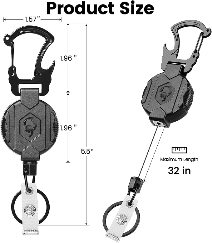 2 Pack Retractable Keychain Heavy Duty Carabiner Badge Holder with Magnetic Closure, Tactical ID Badge Reel for Men with 32” Steel Retractable Cord, Bearing 17 OZ