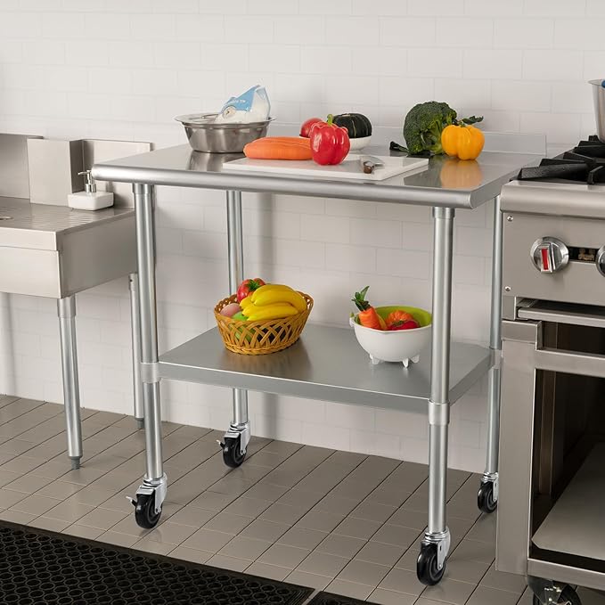 HARDURA Stainless Steel Table 30 x 36 Inches with Wheels Casters NSF Heavy Duty Commercial Prep Table with 2” Backsplash and Adjustable Undershelf for Restaurant Kitchen Home and Hotel