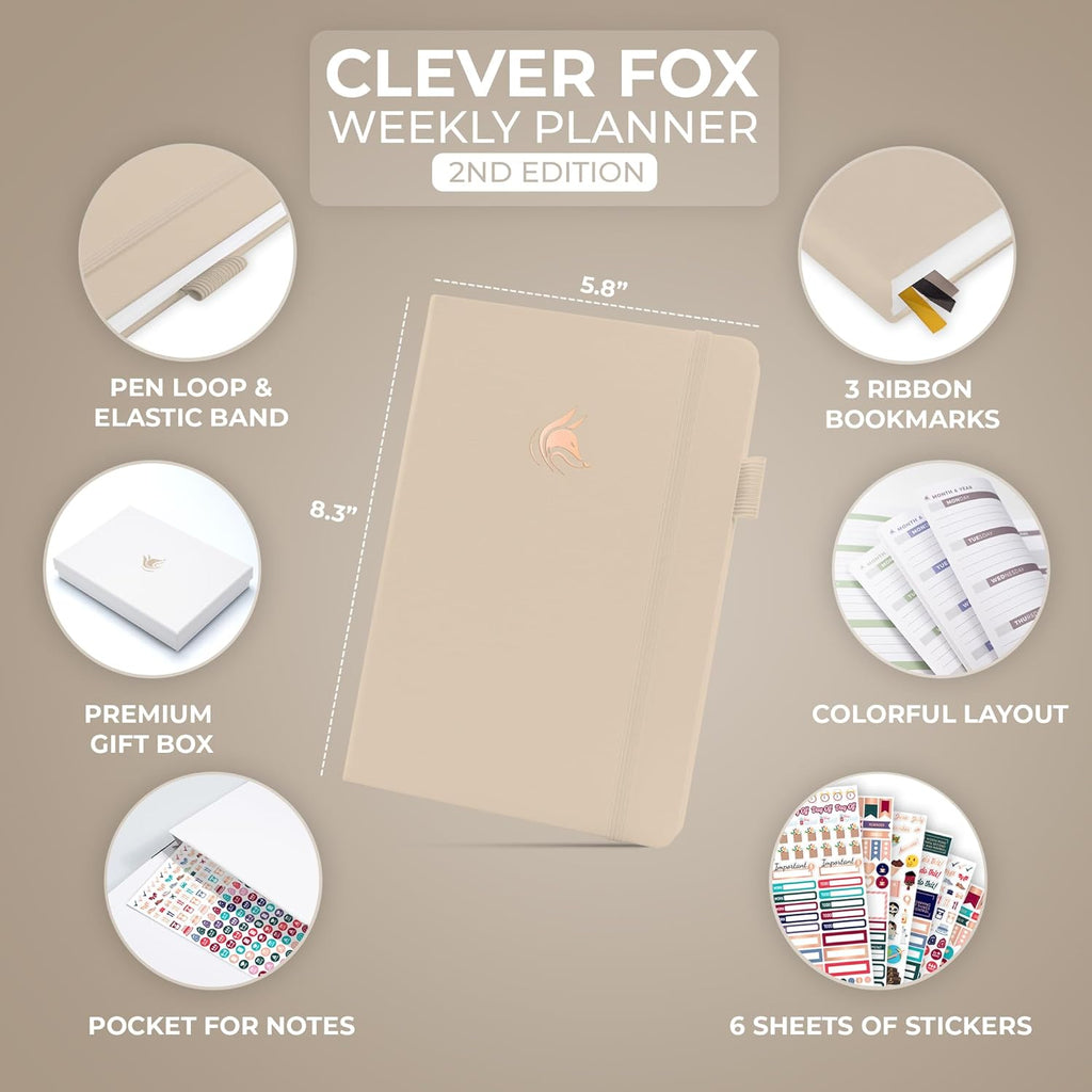 Clever Fox Planner 2nd Edition – Colorful Weekly & Monthly Goal Planner, Time Management & Productivity Organizer, Undated, A5 (Seashell)