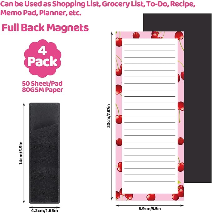 4 Pack Magnetic Note Pad for Fridge with Pen Holder, Totally 200 Sheets Magnetic To Do List, Grocery List, Shopping List, Memo Pads for Refrigerator（Fruit Design）