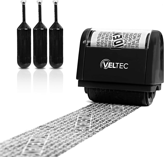 Veltec ID Protector Ink Roller - Identity Theft Protection Roller Stamp Set (Black, Stamp+3 Refills)