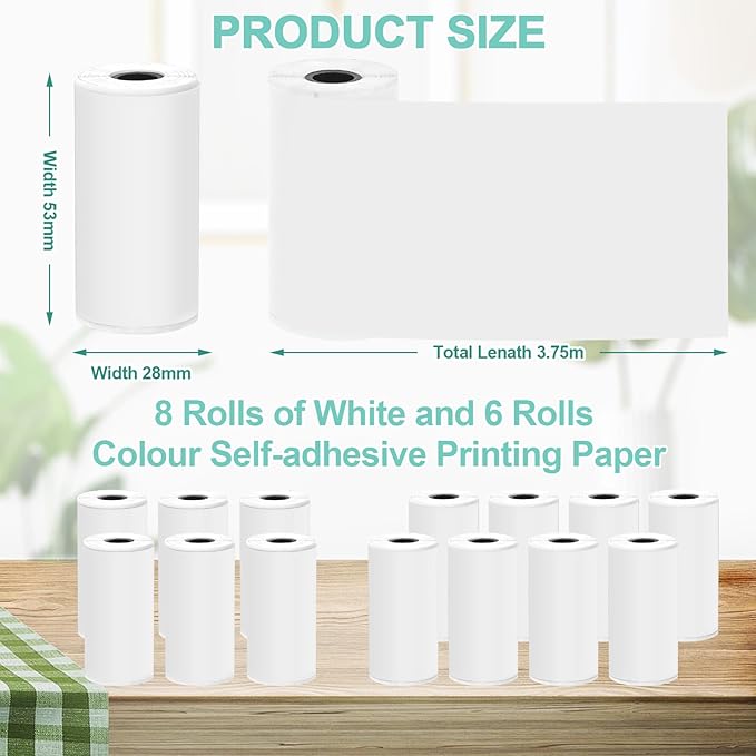 14 Rolls 53mmx28mm Thermal Printer Paper, Mini Colorful Self-adhesive Label Printer Paper for Phomemo Memoking Mini Printer, Small Printer T02/M02, Study Notes, Journal Photos (white)