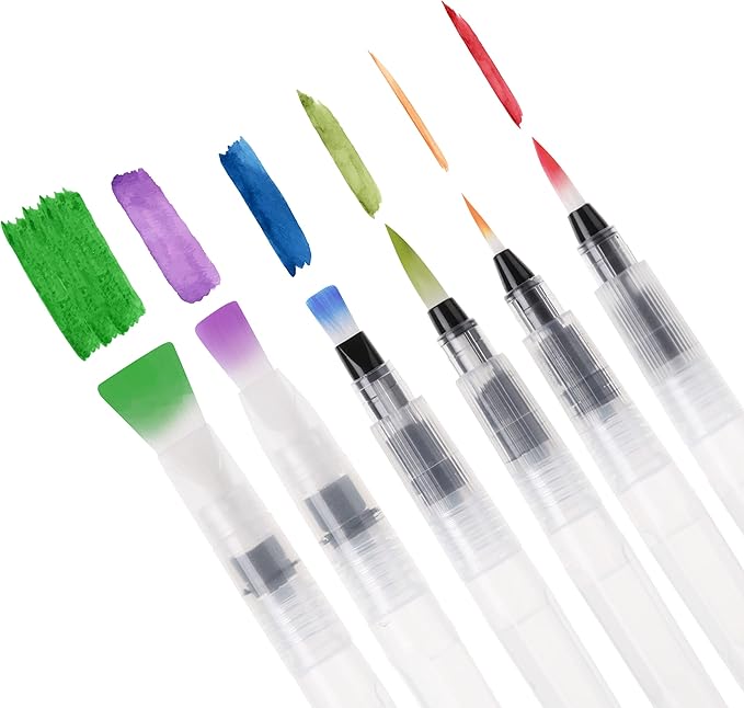 Mr. Pen Watercolor Brush Pens, 6 pcs, Pointed & Flat Tips, Nylon Bristles, White, Refillable, Portable Ink/Water Brush