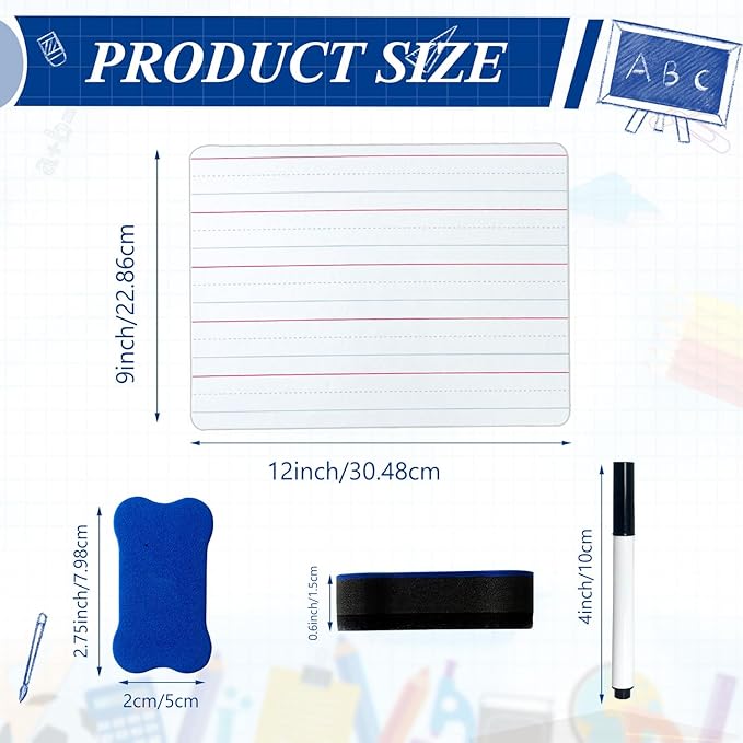 24 Pack Dry Erase Boards, 9"x12" Double Sided Whiteboards Small Whiteboards with Lines for Students, Kids, Teacher Classroom, Mini Portable White Boards with 24 Makers, 24 Erasers