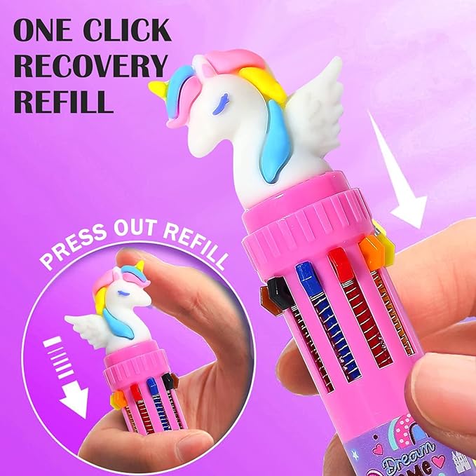 Multicolor Ballpoint Pen 0.7 mm, 10-in-1 Colored Pens Fine Point Retractable Cute Cartoon Unicorn Ballpoint Pens for Office School Students Kids Christmas Gift, 6 Pack