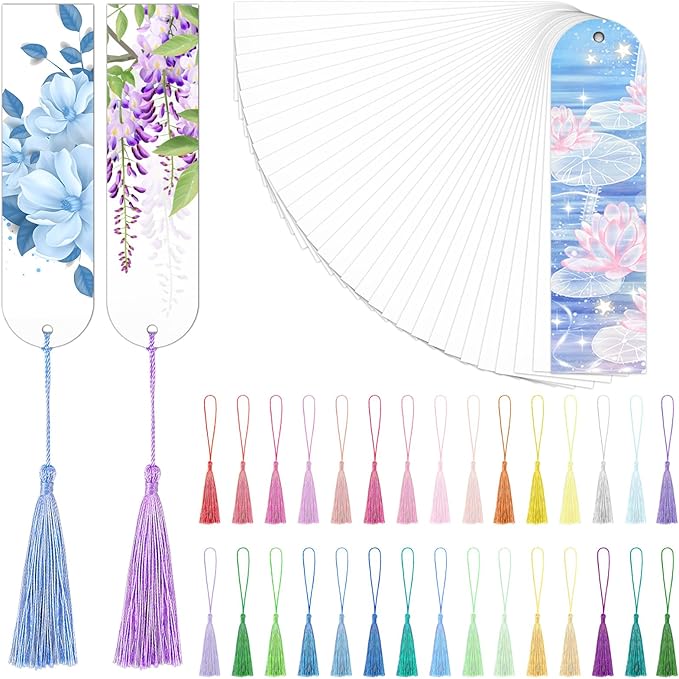 Sublimation Bookmark Blank Double Sided - 30Pcs Metal Bookmark Blanks Bulk + 30 Colors Bookmark Tassels, Bookmark Making Kit, for DIY Bookmarks, Book Lovers, Crafts, Reading Gifts