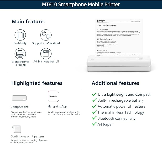 HPRT Wireless Portable Printer - Bluetooth Thermal Printer for Travel, Mobile Office, School, Home Compatible with iOS Android