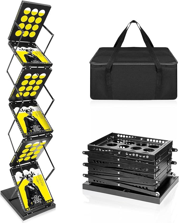 Folding Literature Rack, 6 Pockets Metal Brochure Holder Stand Floor Standing Magazine Rack，Double-sided Display Flyer Holder Stand Literature Stand for Trade Show Office Store Home