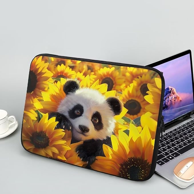 Sunflower Panda Printed Laptop Briefcase for Women Men, Waterproof Laptop Case Bag Laptop Case for 10 Inch, Lightweight Computer Carrying Cover with Zipper for Office Business Traveling