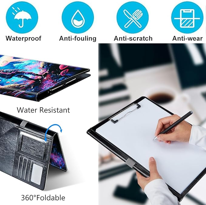 PU Leather Padfolio Folder Clipboard Portfolios Organizer Conference Document Organizer with Business Card Holder Storage Clipboard Writing Pad,Astronaut Under Mushroom